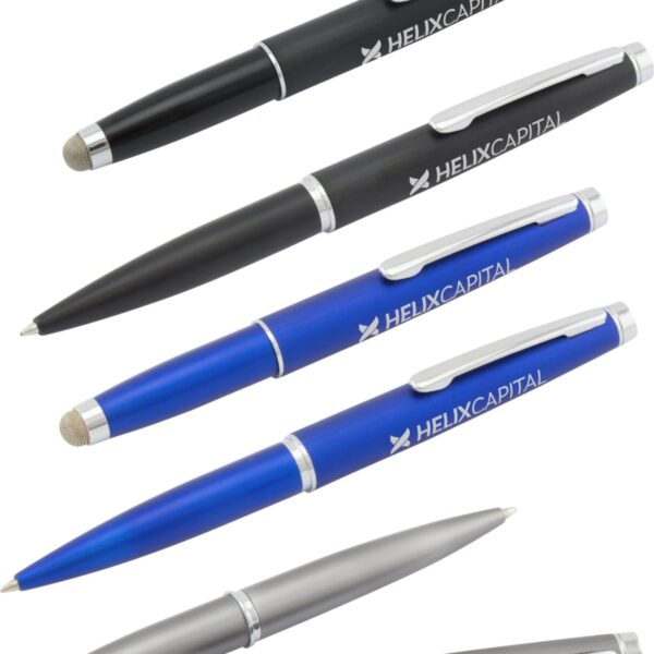 A set of six pens with stylus tips. Two black, two blue, and two gray/silver pens are arranged diagonally. Each pen is branded with HELIXCAPITAL in white text. Some pens have their caps on, while others have them off.