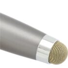 Close-up of a stylus pen tip with a metal body and a woven mesh fabric tip. The pen is angled slightly downward, showcasing its sleek, modern design. The fabric tip is encased in a shiny metallic holder.