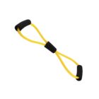 A yellow resistance band with black foam handles. The band is shaped in a figure-eight, designed for exercise and strength training.
