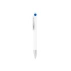 A sleek white pen with a blue button on the top and a metallic tip, positioned upright against a plain white background. The pen has a modern, minimalistic design.