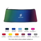 A gradient pencil case displaying the Ericsson logo, fading from green to purple. Below are 12 color swatches, each labeled with a name and PMS code, including navy blue, orange, and grey. A note invites contact for more colors.
