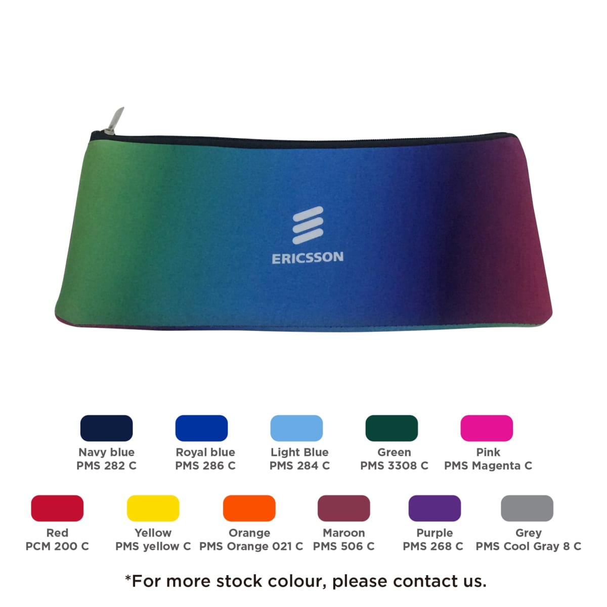 A gradient pencil case displaying the Ericsson logo, fading from green to purple. Below are 12 color swatches, each labeled with a name and PMS code, including navy blue, orange, and grey. A note invites contact for more colors.