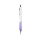 A white retractable pen with a silver tip and clip is positioned vertically against a plain white background. The lower portion of the pen features a light purple stripe pattern.