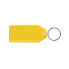 Yellow rectangular key tag with a metal key ring attached on the right side. The tag has a transparent section near the ring and a blank space for labeling. Placed against a white background.