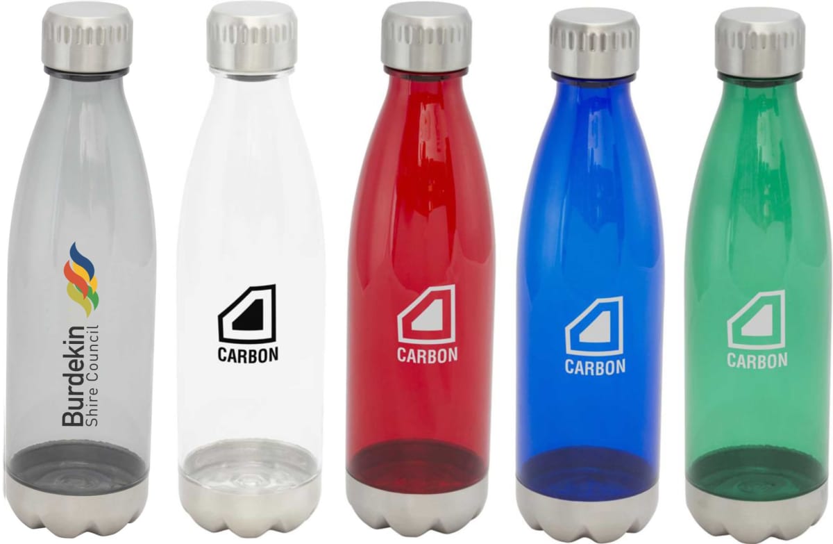 Five reusable water bottles with screw-on lids. The first bottle has the Burdekin Shire Council logo, and the others have the Carbon logo. The bottles are in clear, white, red, blue, and green colors.