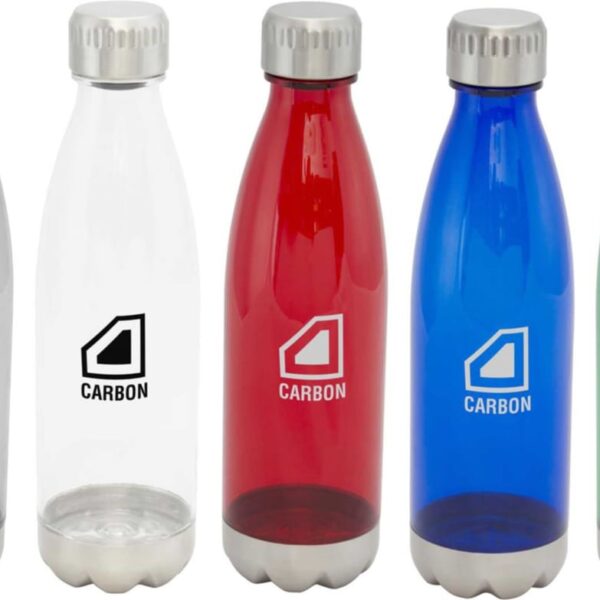 Five reusable water bottles stand in a row. From left to right: transparent with a logo and text, clear with a logo, red with a logo and text, blue with a logo, and green with a logo. All have silver caps.