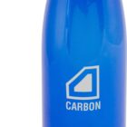 A blue reusable water bottle with a silver cap placed beside it. The bottle features the word CARBON and a logo.