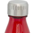 Close-up of a red bottle with a silver metal cap. The bottle is slightly transparent, showing its smooth surface and tapered neck. The cap has a reflective finish and ribbed edges for grip.