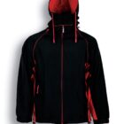 A black and red hooded jacket with a front zipper. The interior and side panels are red, and it features red drawstrings on the hood. The jacket has long sleeves with elastic cuffs. The caption below reads Black / Red.