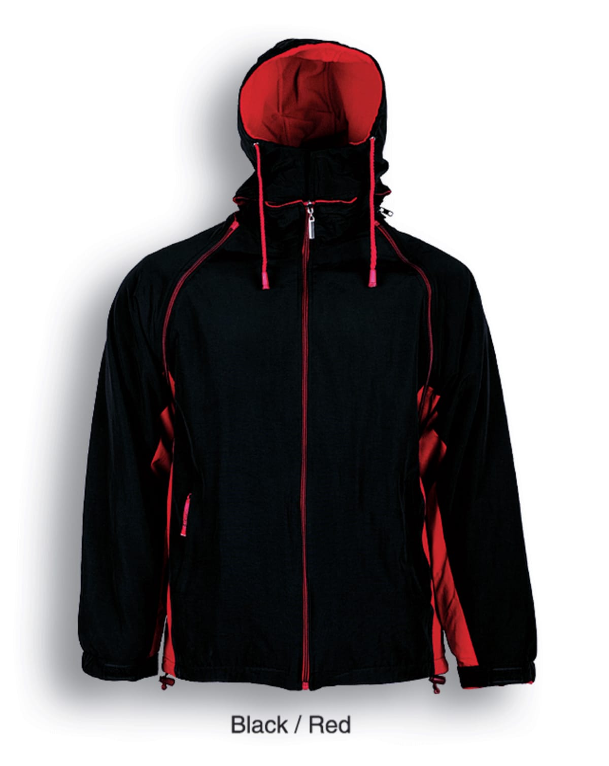 A black and red hooded jacket with a front zipper. The interior and side panels are red, and it features red drawstrings on the hood. The jacket has long sleeves with elastic cuffs. The caption below reads Black / Red.