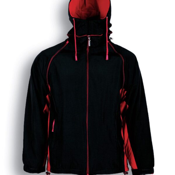 Black jacket with red inner lining and hood, featuring a front zipper and drawstrings. The jacket also has red accents along the seams and pocket areas. Text below reads Black / Red.