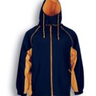 Windbreaker jacket with a navy blue exterior and gold interior, featuring a hood and gold zipper. Text below reads Navy / Gold.