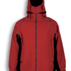 Red hooded jacket with a black interior and black accents along the zipper and sides. The hood is raised, and the jacket is displayed against a plain white background.