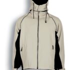 A light tan and black hooded jacket with a zipper front and two pockets. The main body is tan, while the sides, cuffs, and inside of the hood are black. Drawstrings are visible on the hood, and the description reads Sandstone / Black.