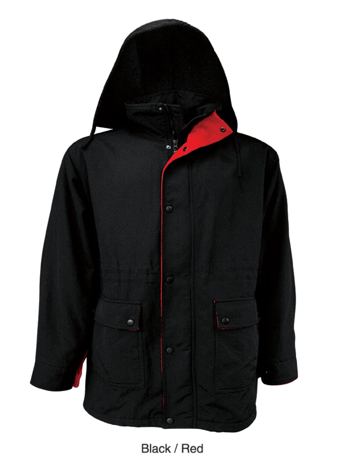 Black hooded jacket with red lining, featuring a front zipper and snap-button closure. The jacket has two front pockets and a high collar for added warmth.