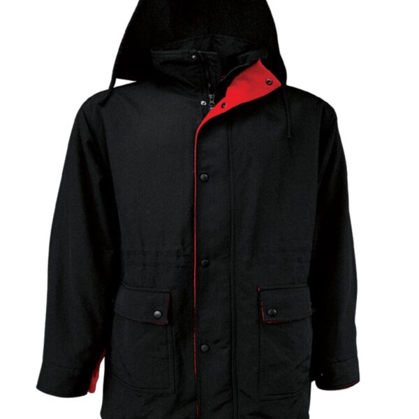 Black waterproof jacket with a hood, featuring red lining and accents along the front zipper and pockets. The jacket has snap buttons and flap pockets on each side. Text below reads Black / Red.