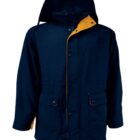 Navy blue jacket with a gold interior hood lining. It features a hood, button closure, two front pockets with flaps, and long sleeves. Descriptive text reads Navy / Gold.