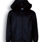 A black hooded jacket with a front zipper, elastic cuffs, and adjustable drawstring at the bottom. The jacket features side pockets and is displayed against a plain white background.
