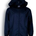 Navy blue hooded windbreaker with a front zipper and two pockets. The jacket has elastic cuffs and an adjustable drawstring at the hem.