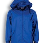 A royal blue windbreaker with a hood, full zipper, and elastic cuffs. It has two side pockets and a drawstring at the waist. The background is white, and Royal Blue is written at the bottom left corner.