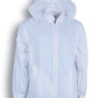 A white hooded windbreaker with a front zipper, drawstrings at the hood, and elastic cuffs. The jacket is displayed on a plain white background. White is written below it.