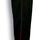 Black sweatpants with a red stripe running down the side. The pants have an elastic waistband and adjustable drawstring cuffs.