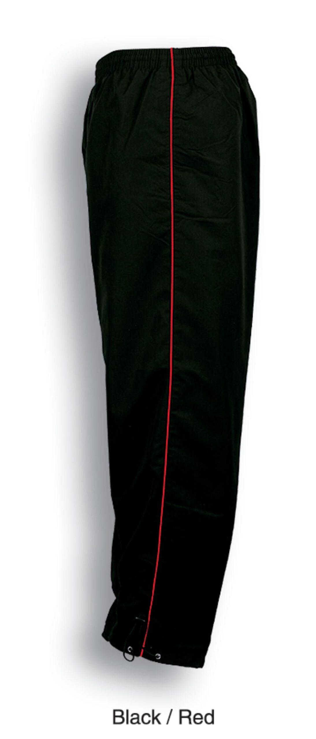 Black sweatpants with a red stripe running down the side. The pants have an elastic waistband and adjustable drawstring cuffs.