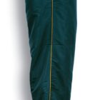 Bottle green pants with a gold side stripe and an elastic waistband. The fabric appears lightweight and slightly shiny. The hem has a drawstring. Text below reads Bottle Green / Gold.