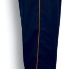 Navy blue athletic pants with a gold stripe running down the side, featuring an elastic waistband and ankle cuffs with adjustable drawstrings.