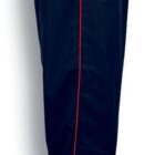 Side view of navy track pants with a red stripe running down the side. The pants have a drawstring at the ankle and a descriptive text below says, Navy / Red.