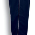 Side view of navy track pants with a white stripe down the side. The pants have an elastic waistband and adjustable cuffs. The text Navy / White is below the image.