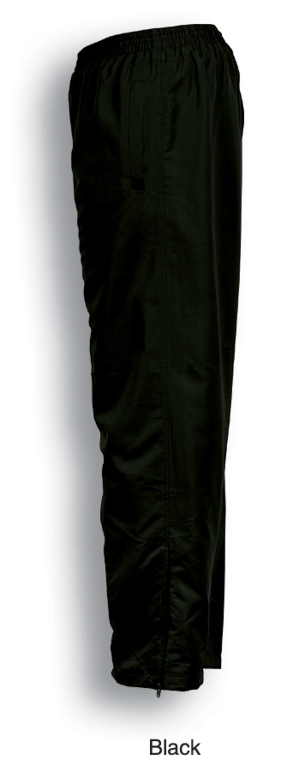 Side view of a pair of black pants with an elastic waistband and pockets. The pants have a relaxed fit and appear to be made of a lightweight fabric. The bottom hems are slightly gathered. The word Black is written below.