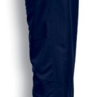 Side view of navy blue pants with an elastic waistband and zippered cuffs. The fabric appears smooth and slightly shiny. The pants are isolated on a white background.