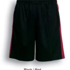 Black athletic shorts with red side panels. The texture appears breathable, suitable for sports. Labeled Black / Red.