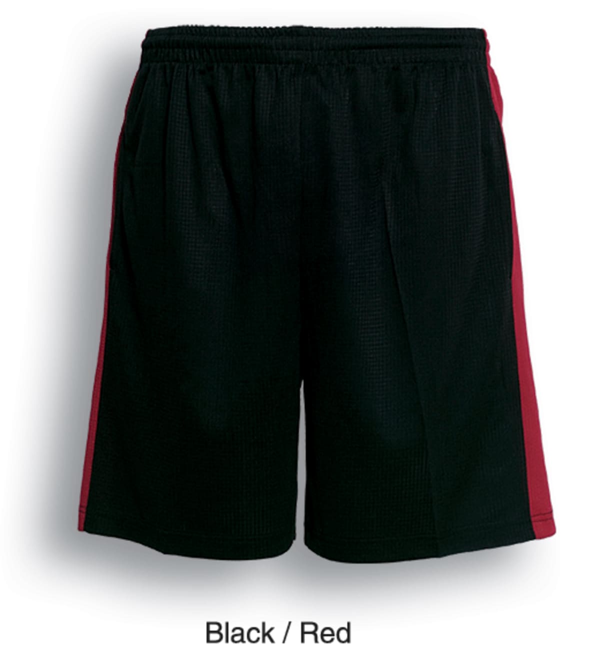 Black athletic shorts with red side panels. The texture appears breathable, suitable for sports. Labeled Black / Red.