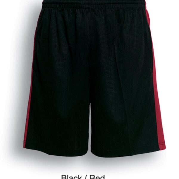 Black athletic shorts with red side stripes are displayed. The shorts have an elastic waistband and a textured fabric. The color description Black / Red is shown below.