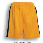 Yellow athletic shorts with dark green side panels, labeled Gold / Bottle Green.