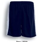 Navy blue athletic shorts with white side stripes. Text below reads Navy / White.