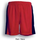Red athletic shorts with navy side panels, shown from the back.