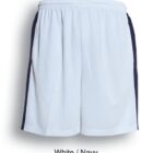 White athletic shorts with navy side stripes, displayed on a white background. The label reads White / Navy below the shorts.