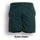 Green shorts with an elastic waistband labeled Bottle Green are displayed against a plain white background.