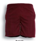 Burgundy colored shorts with an elastic waistband are displayed against a white background. The word Burgundy is written beneath the shorts.