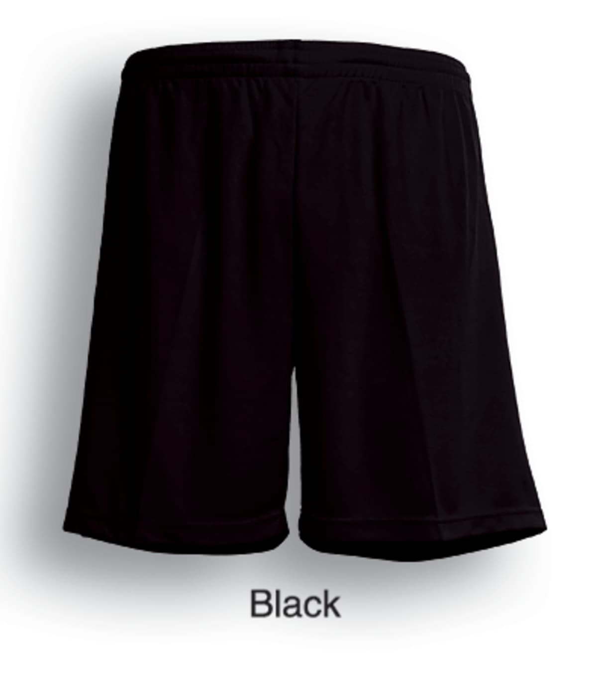 Black athletic shorts displayed against a white background, labeled Black underneath.