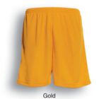 Gold-colored athletic shorts displayed against a white background.
