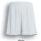 White sports shorts with an elastic waistband displayed against a white background. The word White is written below the shorts.