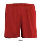 A pair of plain red athletic shorts with an elastic waistband, displayed against a white background.