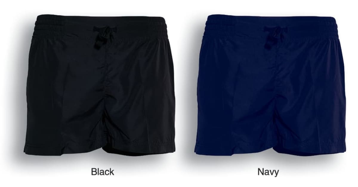 Two pairs of shorts are displayed side by side. The pair on the left is black, and the pair on the right is navy. Both have elastic waistbands and drawstrings. The background is white.