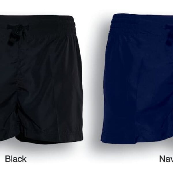 Two pairs of shorts are displayed: one black on the left and one navy on the right. Both have elastic waistbands and drawstrings. The background is plain white, and the shorts are labeled with their colors.