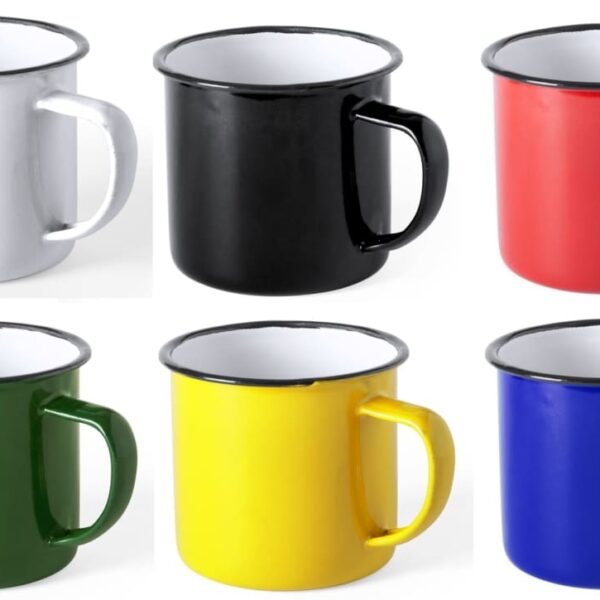 Six enamel mugs are arranged in two rows. The top row shows white, black, and red mugs, while the bottom row displays green, yellow, and blue mugs. Each has a contrasting rim color and the handles match the mug colors.