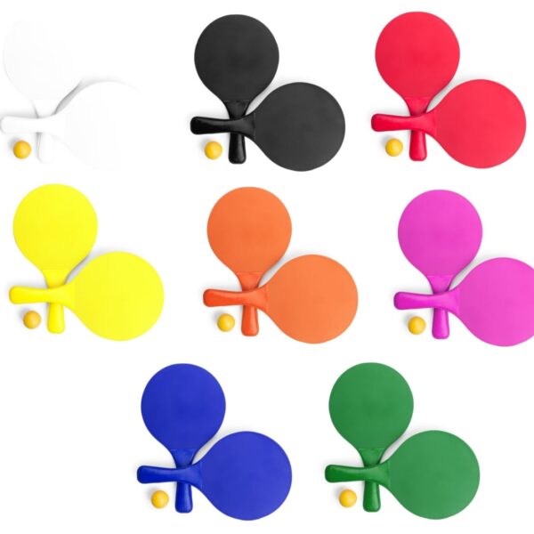 Eight pairs of table tennis paddles in different colors—white, black, red, yellow, orange, pink, blue, and green—each with a matching ping pong ball, arranged on a white background.
